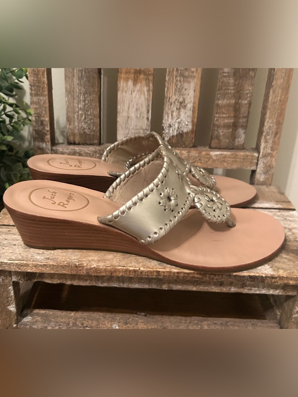 Jack Rogers Gold Leather Stacked Heels Women's Wedge Sandals Shoes US Size 6.5